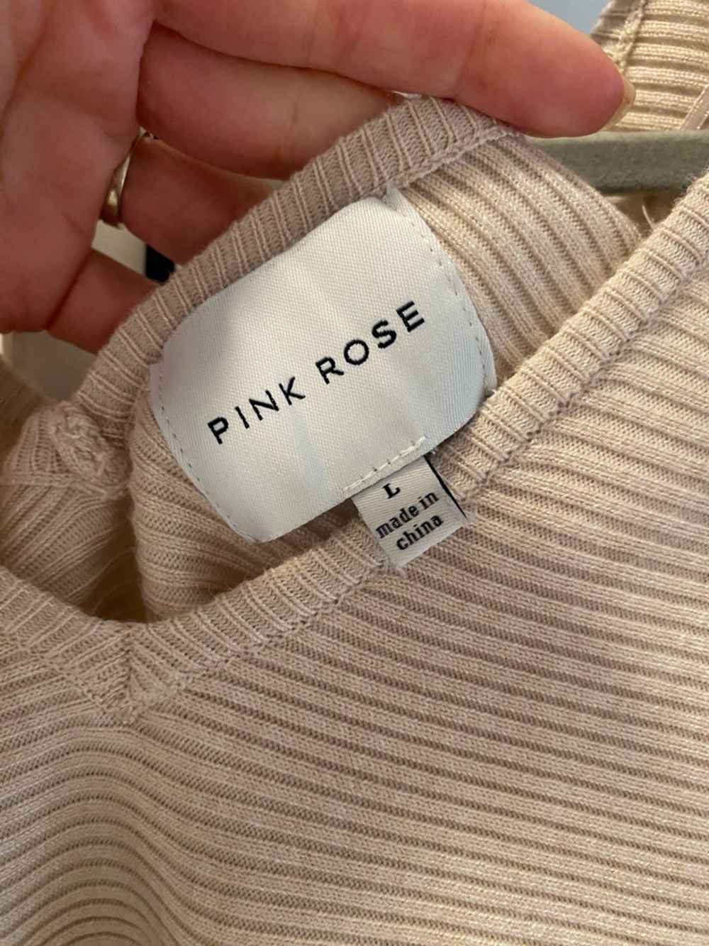 Pink Rose Cream Ribbed V-Neck Sweater - Picture 5 of 7
